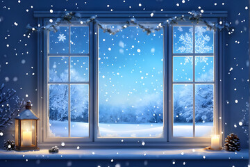 Illustration of the house scenery that feels warm on a snowy cold winter Christmas, christmas house in the forest, christmas tree with gifts and decorations, christmas window in the snow