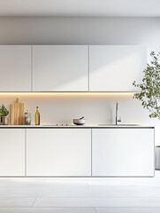 Minimalist white kitchen  stylish cabinetry and backsplash