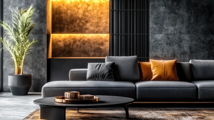 Dark Tone Minimalist art deco loft interior design of modern living room