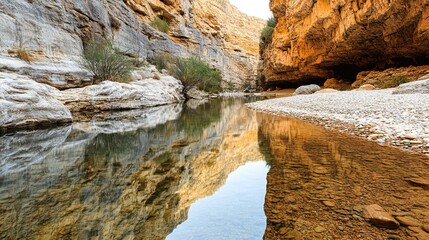Reflection of Rocky Cliffs in a Calm Canyon Stream