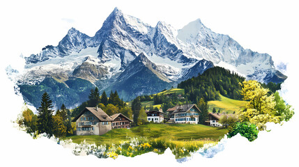A collage of the swiss alps made of mixed media isolated on white, png. Collage Mixed Media. Illustration