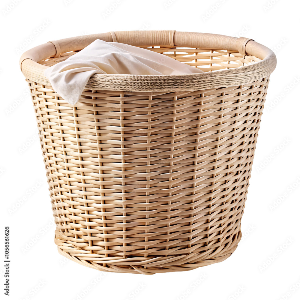 Poster classic wicker basket with a light cloth draped over the edge, evoking simplicity and functionality 