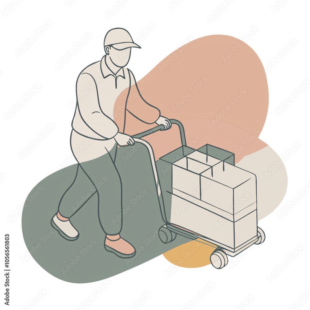 Poster minimalist artwork showing a person with a fully loaded cart, conveying concepts of logistics or ret