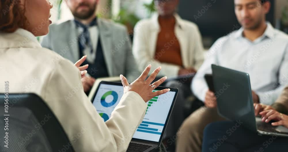 Poster business people, team and laptop screen in seminar with data analysis for asset management and inves