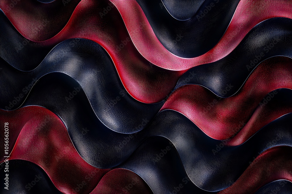 Poster a close-up of textured fabric featuring flowing waves in deep red and black tones, showcasing intric