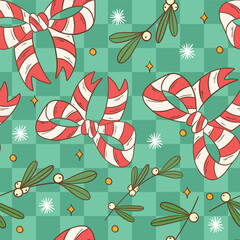 Fototapeta premium Festive Candy Cane Bow and Mistletoe Repeat Pattern Design