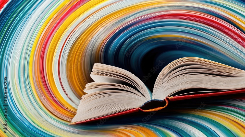 Poster an open book floating in a vibrant swirl of colors, symbolizing the power of imagination and abstrac