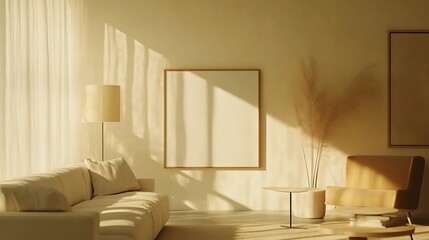 A minimalist living room with a blank picture frame mockup on the wall, warm tones and natural light streaming in