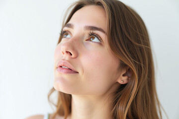 Fototapeta premium Young woman's profile, white background, calm introspection