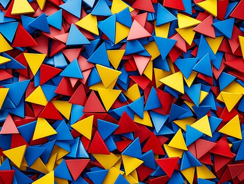 A vibrant collection of colorful triangular shapes in red, blue, and yellow, arranged evenly across the surface, creating a lively, dynamic pattern.