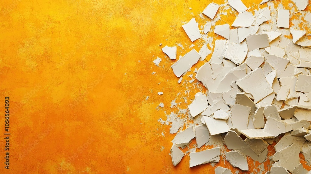 Aufkleber broken pieces scatter from a hole in an orange wall, creating an abstract and thought-provoking visu