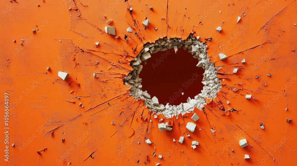 Aufkleber broken pieces scatter from a hole in an orange wall, creating an abstract and thought-provoking visu