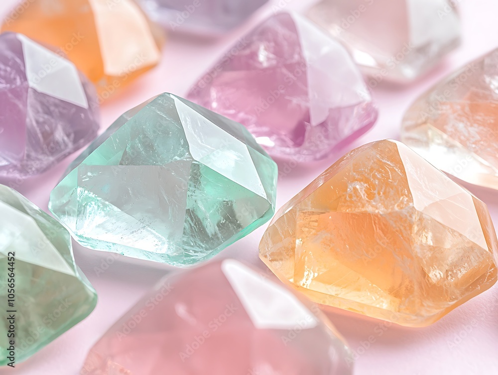 Poster a collection of colorful, sparkling gemstones in various shapes, reflecting light and creating an ey