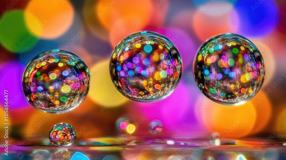 Poster close-up of water droplets on a glass surface, with colorful bokeh lights in the background creating