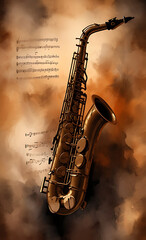 Obraz premium Silhouette of a saxophone with floating notes in warm, smoky light, capturing the moody atmosphere of a jazz club.
