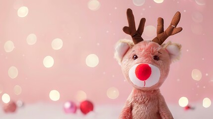 Fototapeta premium A plushie reindeer with a glowing red nose on pink background