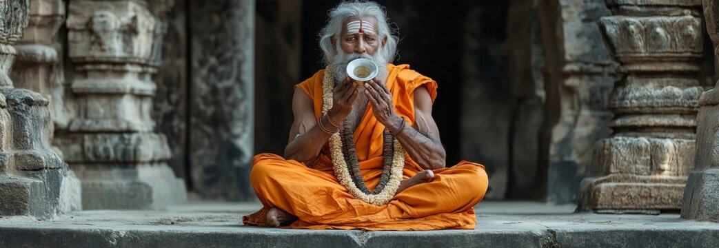 An authentic photograph of a senior Indian monk blowing a conch shell in an old stone temple