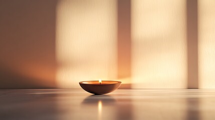 A minimalist wooden bowl with a lit candle placed in a sunlit room, casting soft shadows and creating a serene and peaceful ambiance.