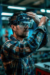 Technician fitting wearable tech on factory worker, adjusting settings, safety equipment visible in background.
