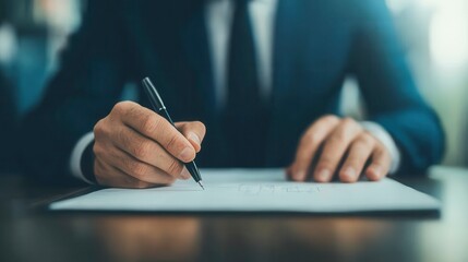 A business professional writes notes with a pen on a blank sheet of paper, symbolizing productivity and focus in the workplace.