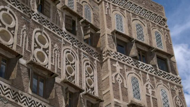 Close-up shot for building details in old Sana'a city, Yemeni style building