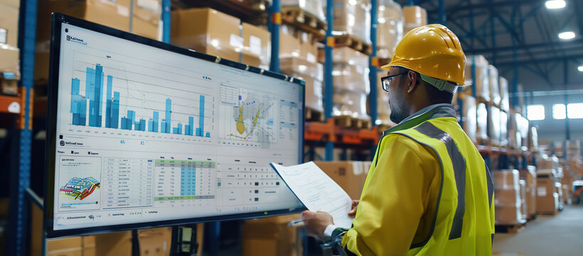 Manager reviewing inventory dashboard on a large screen, workers loading pallets in background - Powered by Adobe