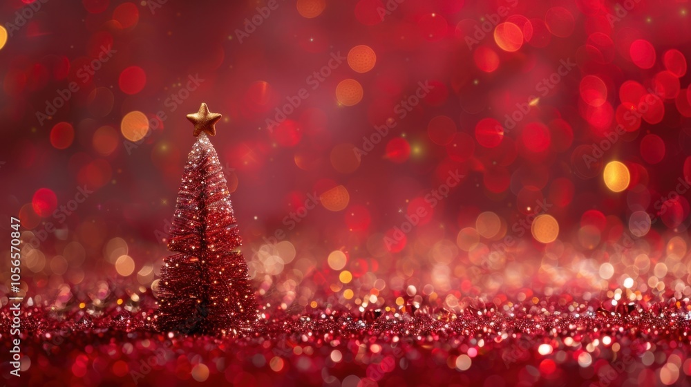 Poster red canvas background featuring a christmas tree adorned with sparkling bokeh lights, perfect for a 