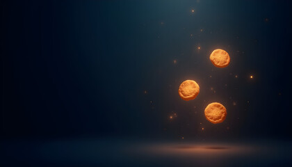 Floating latkes with a magical glow for Hanukkah celebration against a dark background.