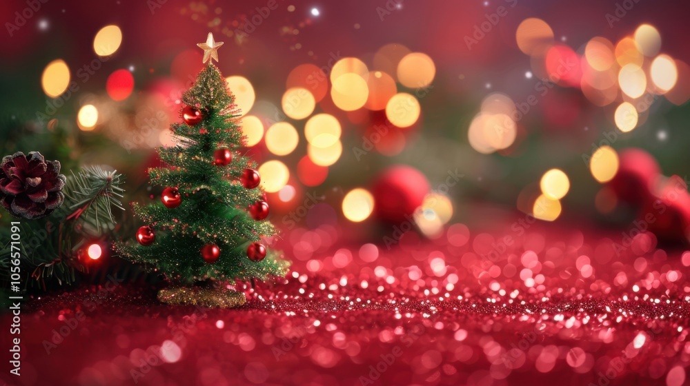 Poster red canvas background featuring a christmas tree adorned with sparkling bokeh lights, perfect for a 