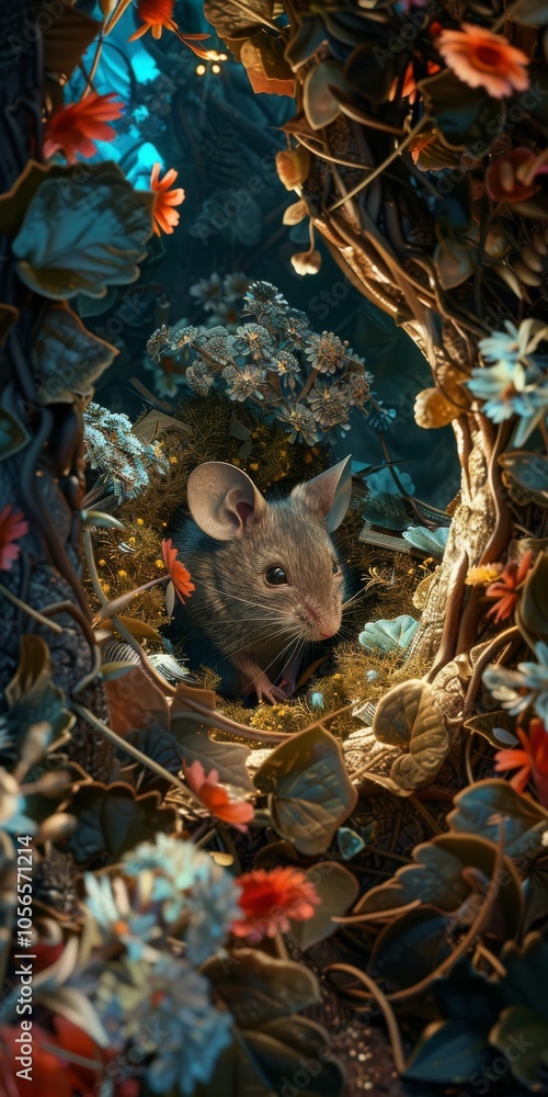 Poster a small mouse is sitting in a nest made of leaves and flowers. the image has a whimsical and playful