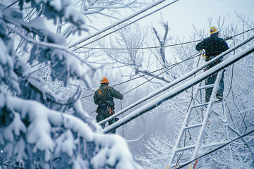 Utility workers repairing power lines in snowy conditions, ladders in use, wires dusted with ice