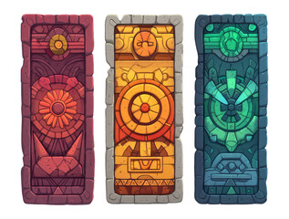 Colorful Ancient Stone Carvings on Isolated Background