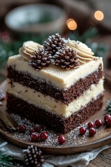 Chocolate Cake with White Frosting Decorated with Pine Cones