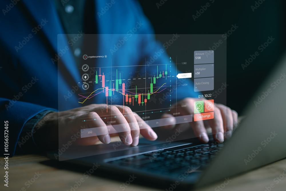 Poster investors with virtual screen stock market index chart, computer application to invest in global ass
