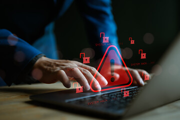 System warning hacked alert, cyberattack on computer network. Cybersecurity vulnerability, data...
