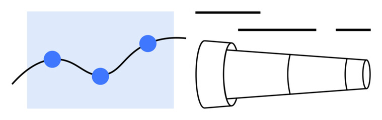 Telescope next to a line graph with three blue data points. Ideal for data analysis, market research, financial forecasting, educational materials, business strategies, technology trends. Banner