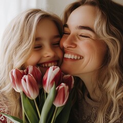 Woman and child with tulip bouquet