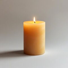 A candle is lit and is sitting on a table. The candle is yellow and has a small flame. Concept of warmth and comfort, as the candle's light creates a cozy atmosphere
