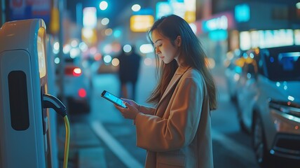 Asian businesswoman waiting at an EV car charging point in a nighttime city with her smartphone