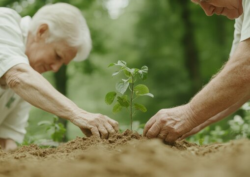 Seniors Planting Trees in Forest A Serene Tribute to Family and Environment Suitable for Earth Day and Arbor Day - Powered by Adobe