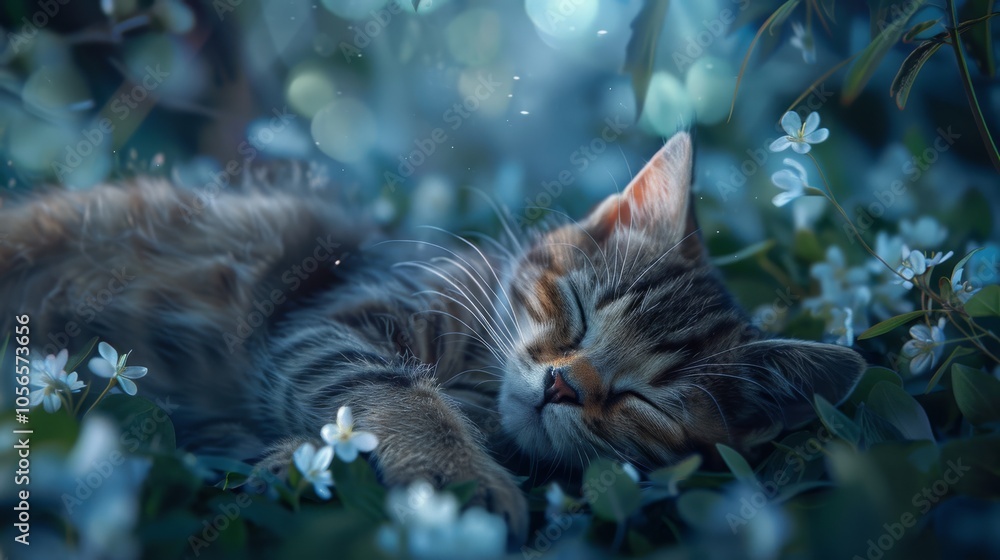 Poster a cat is sleeping in a field of flowers. the cat is curled up and he is very relaxed. the flowers ar