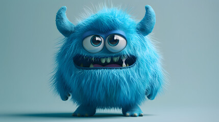 Fototapeta premium Cute blue furry monster 3D cartoon character