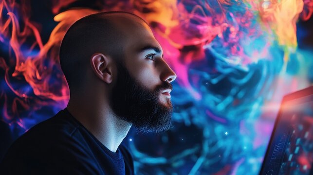 Man with beard using computer