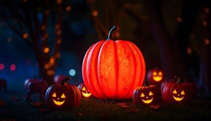 Fototapeta premium Glowing Pumpkin for Halloween Decorations and Festive Displays: Perfect for Spooky Parties