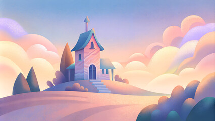 Naklejka premium Whimsical Pastel Landscape with Dreamy House and Fluffy Clouds