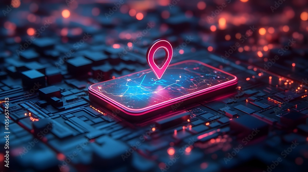 Aufkleber geofencing technology featuring digital map location pin and mobile device app