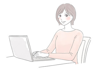 パソコンを操作しながらこちらを見る女性の水彩風イラスト