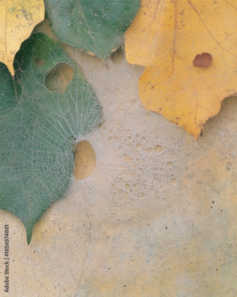 Aufkleber dew-kissed spider web on autumn leaves a macro exploration of natures intricate patterns