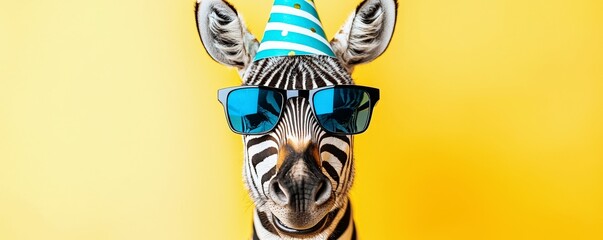 Playful Zebra Wearing Sunglasses and Birthday Hat