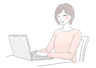 笑顔でパソコンに向かう女性の水彩風イラスト